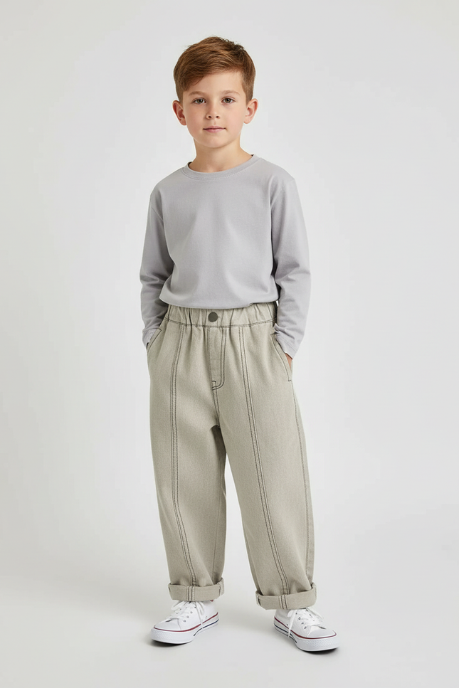 Pantalon Beige Ample Surpiqûres Décontracté Enfant Garçon - Toile