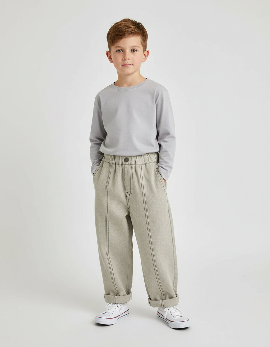 Pantalon Beige Ample Surpiqûres Décontracté Enfant Garçon - Toile