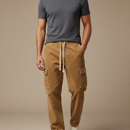 Pantalon Beige Côtelé Cargo Ample Décontracté Homme - Cordé