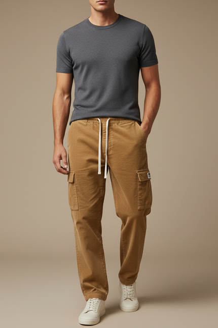 Pantalon Beige Côtelé Cargo Ample Décontracté Homme - Cordé