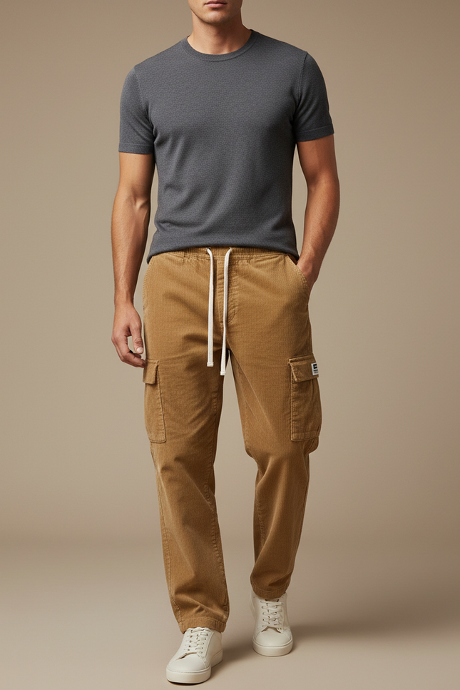 Pantalon Beige Côtelé Cargo Ample Décontracté Homme - Cordé