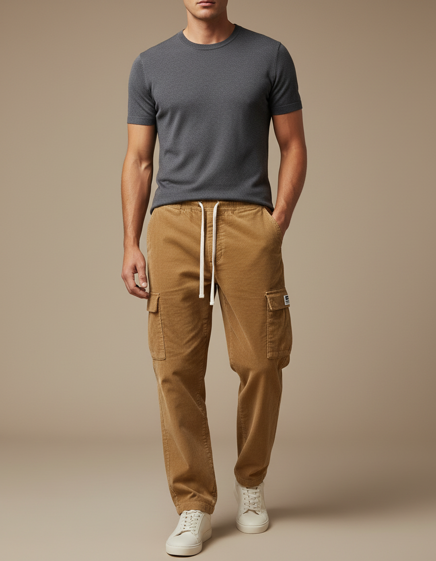 Pantalon Beige Côtelé Cargo Ample Décontracté Homme - Cordé