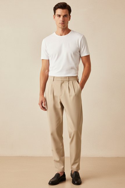 Pantalon Beige Homme Plissé Droit Élégant Décontracté - Polyester