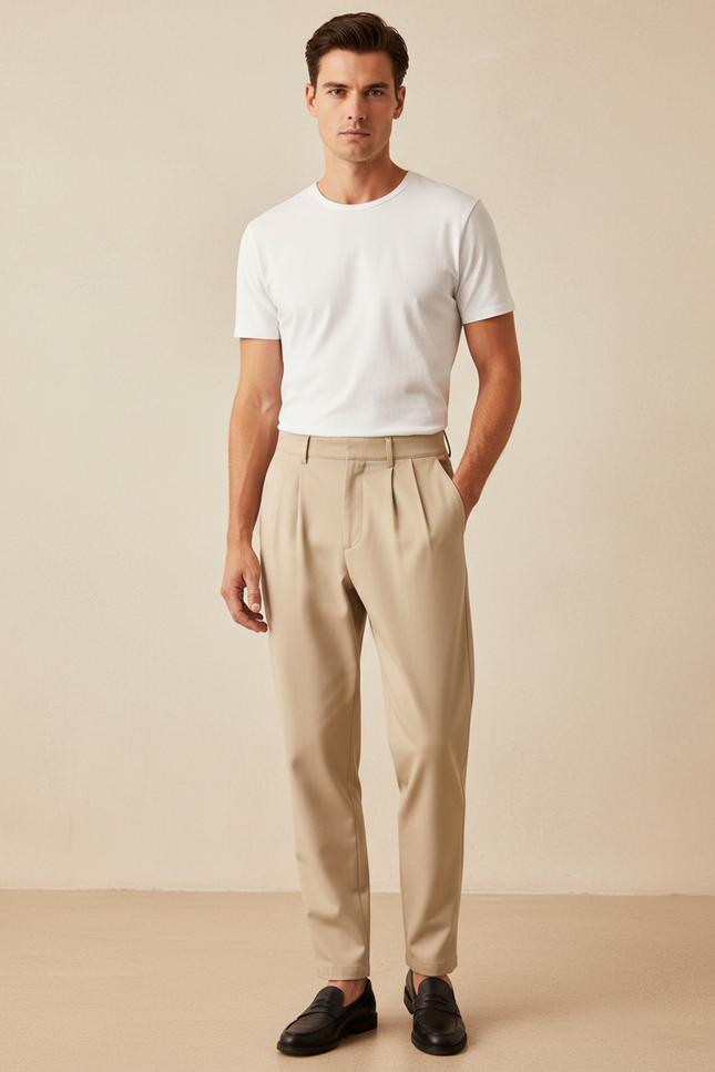 Pantalon Beige Homme Plissé Droit Élégant Décontracté - Polyester