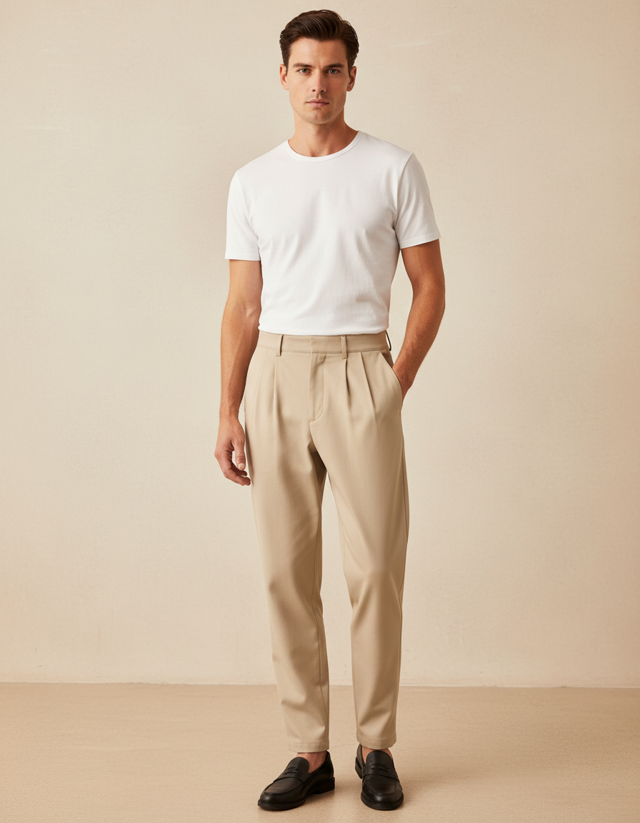 Pantalon Beige Homme Plissé Droit Élégant Décontracté - Polyester