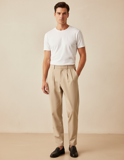 Pantalon Beige Homme Plissé Droit Élégant Décontracté - Polyester