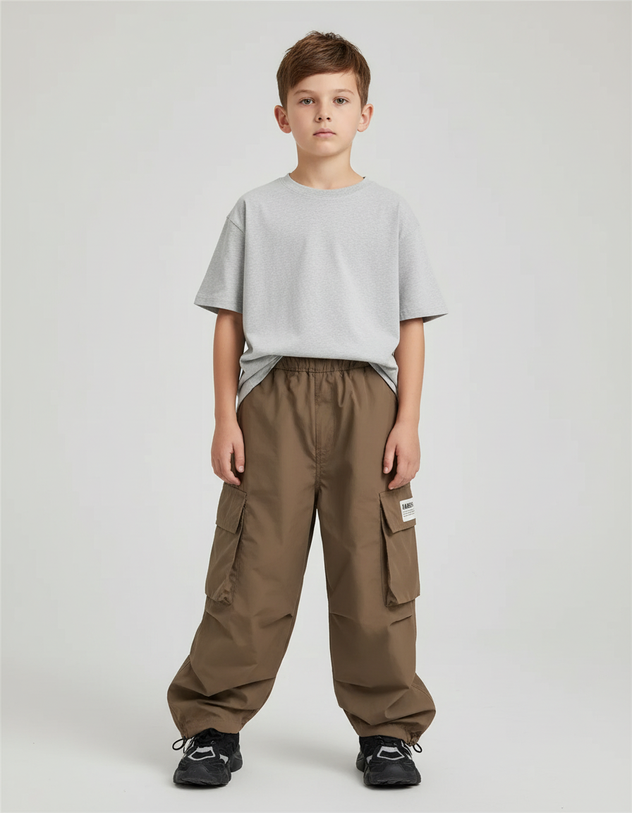 Pantalon Beige Cargo Ample Multipoches Garçon - Kaki Polyester