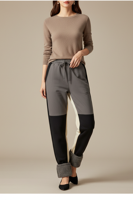 Pantalon Beige Molletonné Bicolore Cheville Côtelée Femme - Multicolore