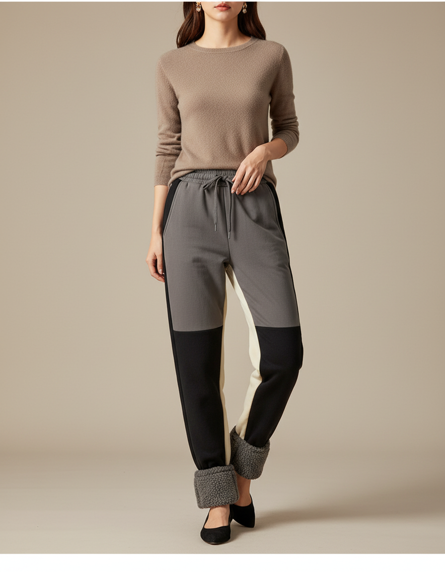 Pantalon Beige Molletonné Bicolore Cheville Côtelée Femme - Multicolore