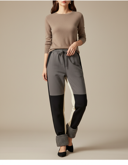 Pantalon Beige Molletonné Bicolore Cheville Côtelée Femme - Multicolore