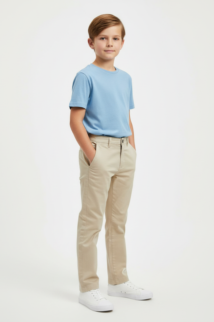 Pantalon Beige Coton Garçon Classique Décontracté Slim