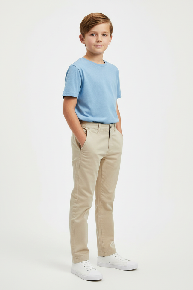 Pantalon Beige Coton Garçon Classique Décontracté Slim