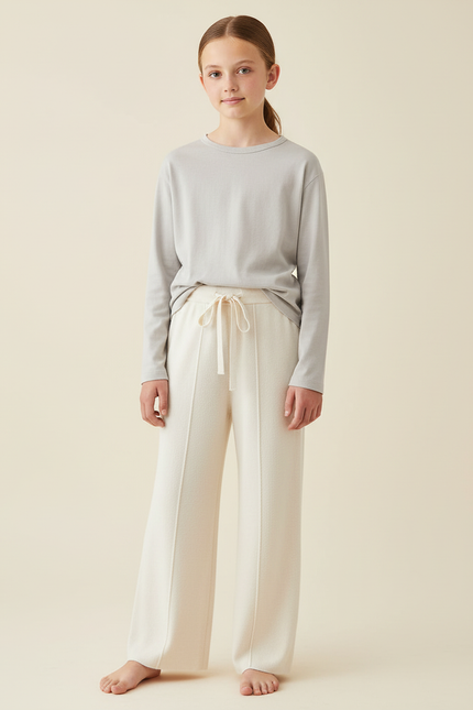 Pantalon Beige Droit Tricoté Laine Doux Confortable