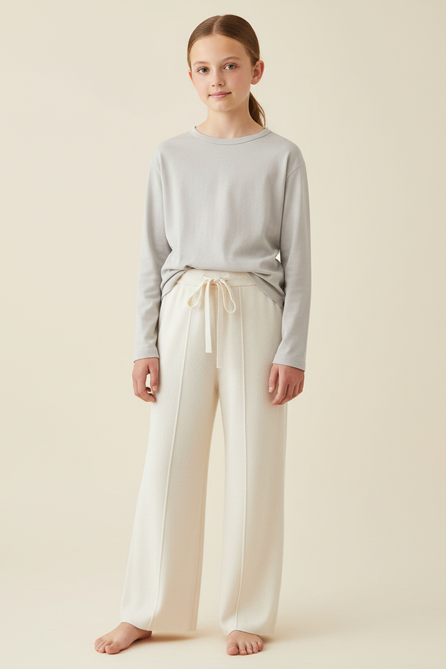 Pantalon Beige Droit Tricoté Laine Doux Confortable
