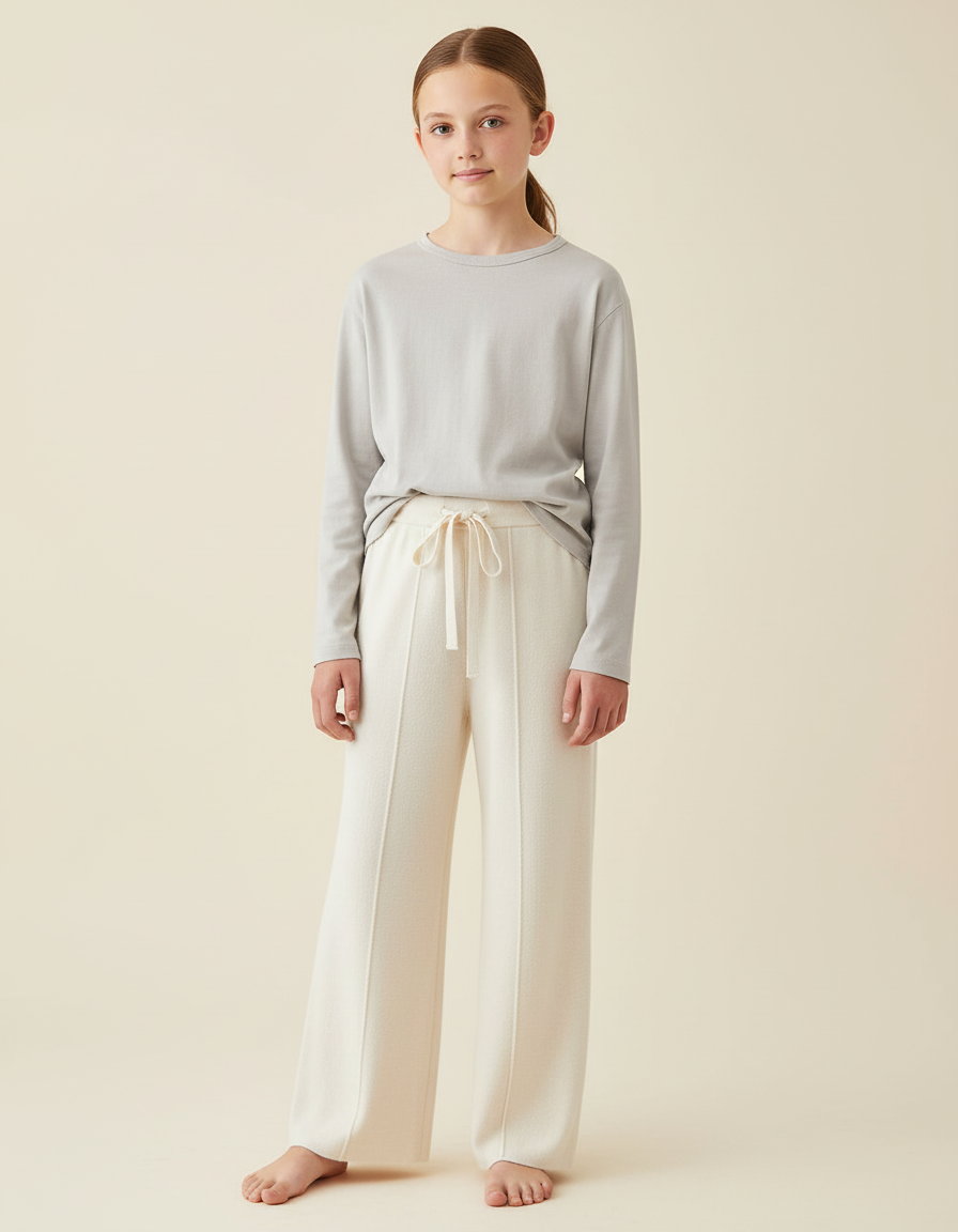 Pantalon Beige Droit Tricoté Laine Doux Confortable