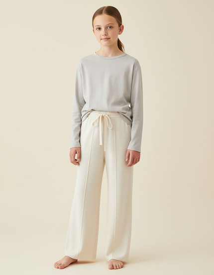 Pantalon Beige Droit Tricoté Laine Doux Confortable