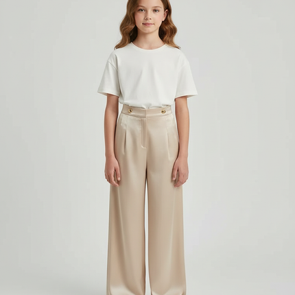 Pantalon Beige Satiné Taille Haute Ample Fluide