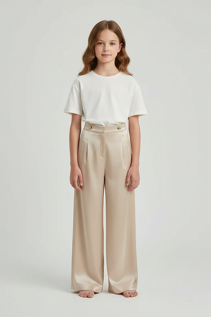 Pantalon Beige Satiné Taille Haute Ample Fluide