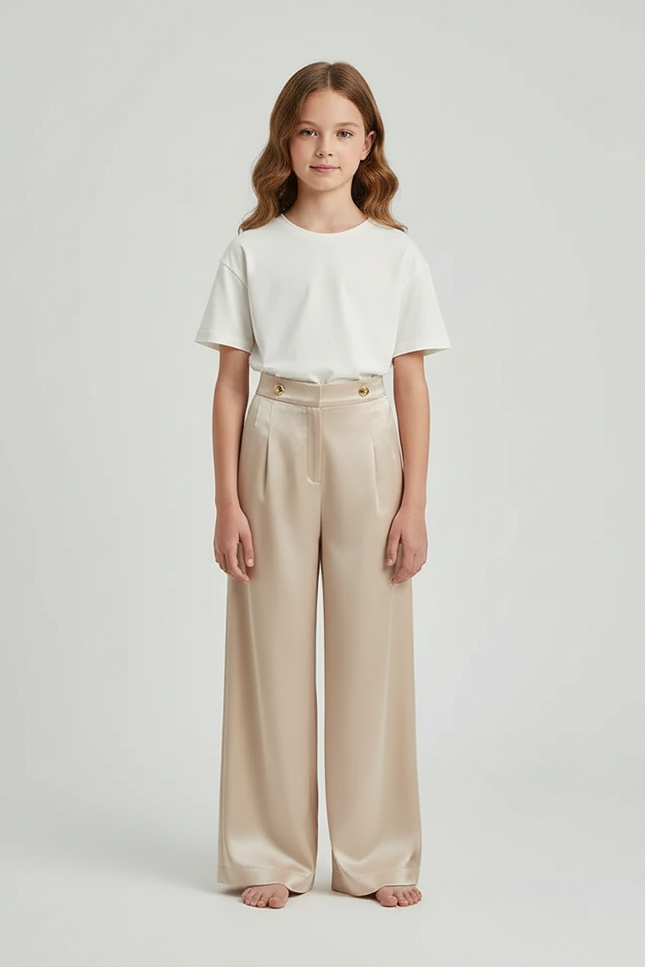 Pantalon Beige Satiné Taille Haute Ample Fluide