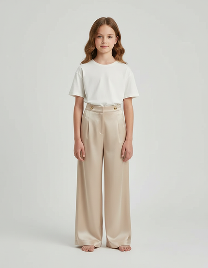 Pantalon Beige Satiné Taille Haute Ample Fluide