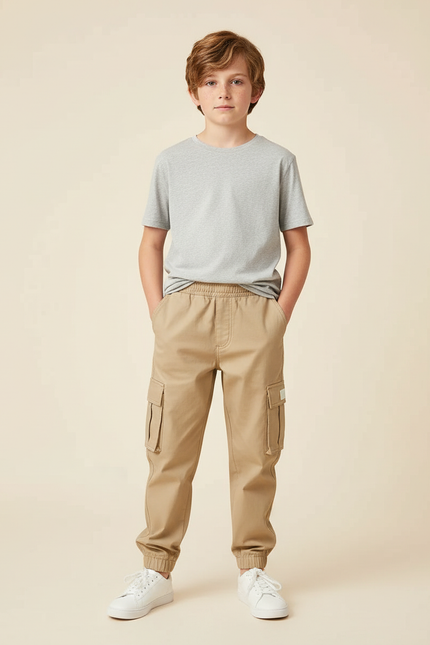 Pantalon Beige Cargo Coton Enfant Décontracté Multipoches