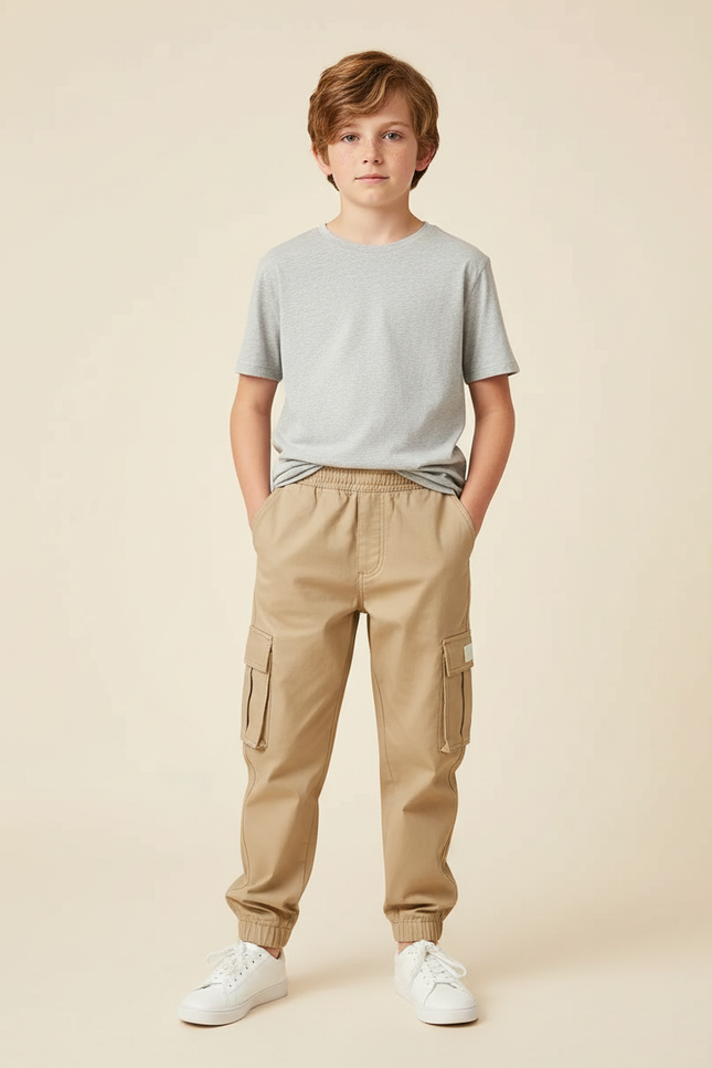 Pantalon Beige Cargo Coton Enfant Décontracté Multipoches