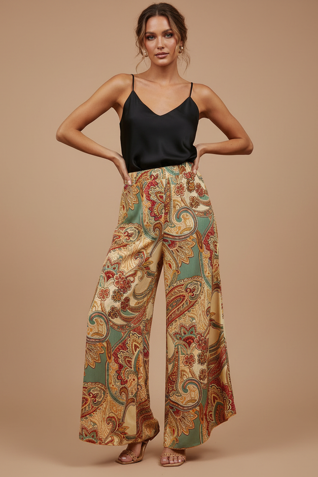 Pantalon Beige Fluide Ample Imprimé Paisley Élégant Femme - Viscose