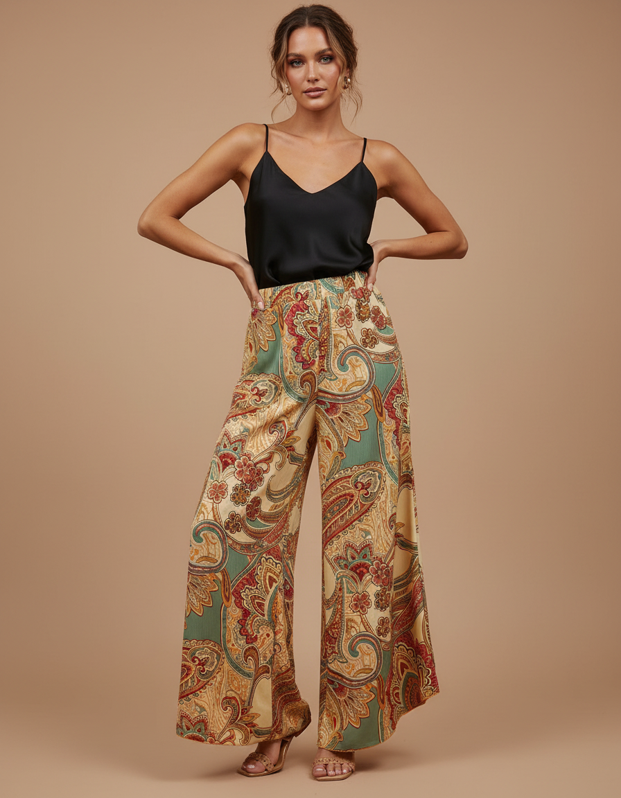 Pantalon Beige Fluide Ample Imprimé Paisley Élégant Femme - Viscose