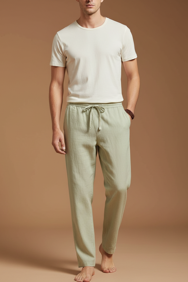 Pantalon Beige Lin Coton Ample Homme Décontracté - Vert