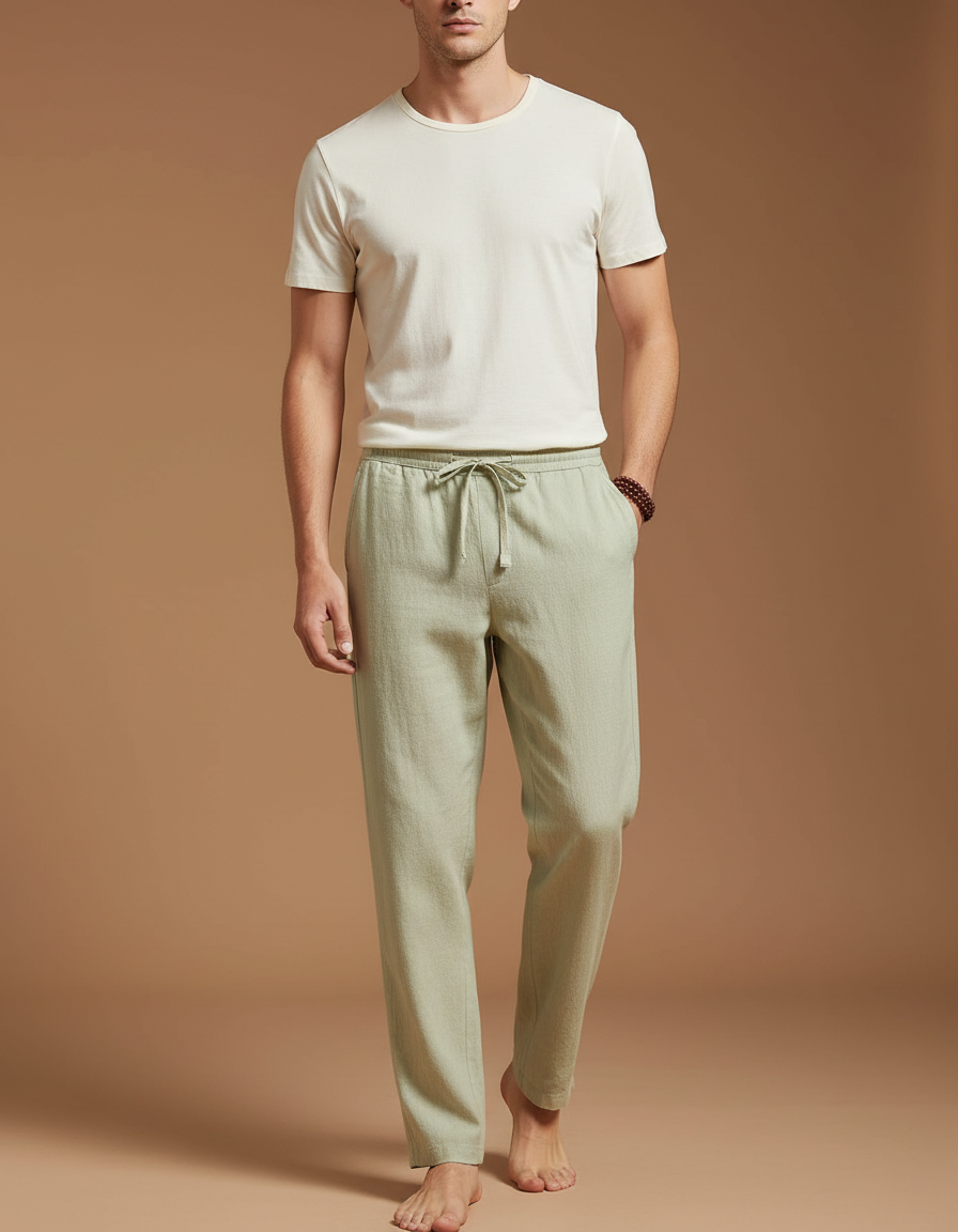 Pantalon Beige Lin Coton Ample Homme Décontracté - Vert