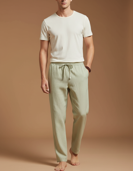 Pantalon Beige Lin Coton Ample Homme Décontracté - Vert