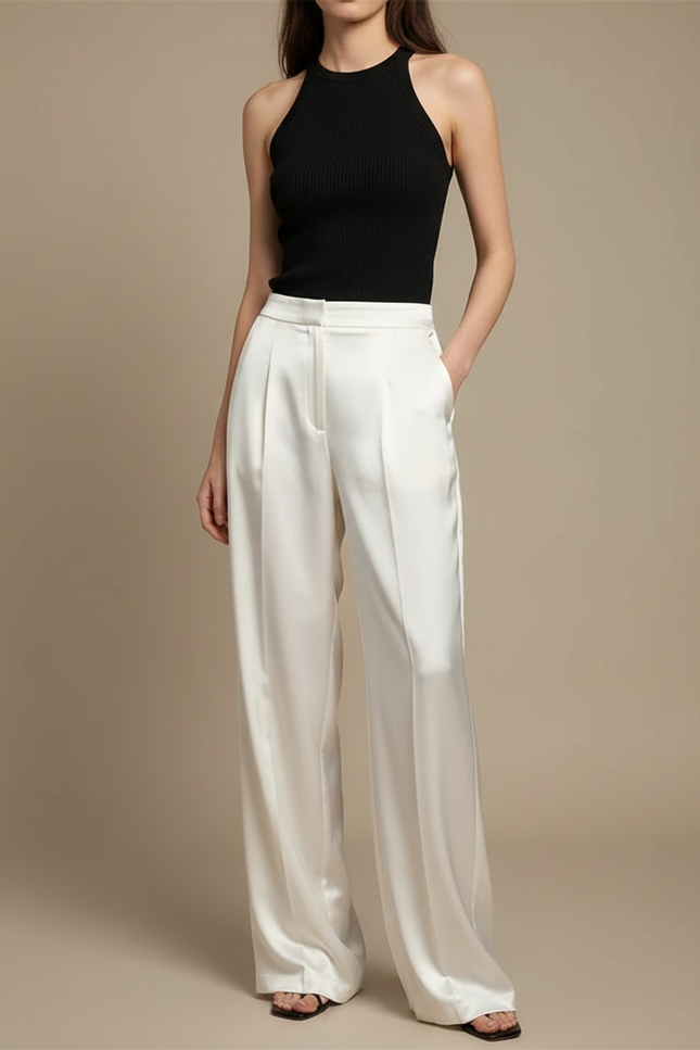 Pantalon Beige Satin Fluide Large Élégant Femme
