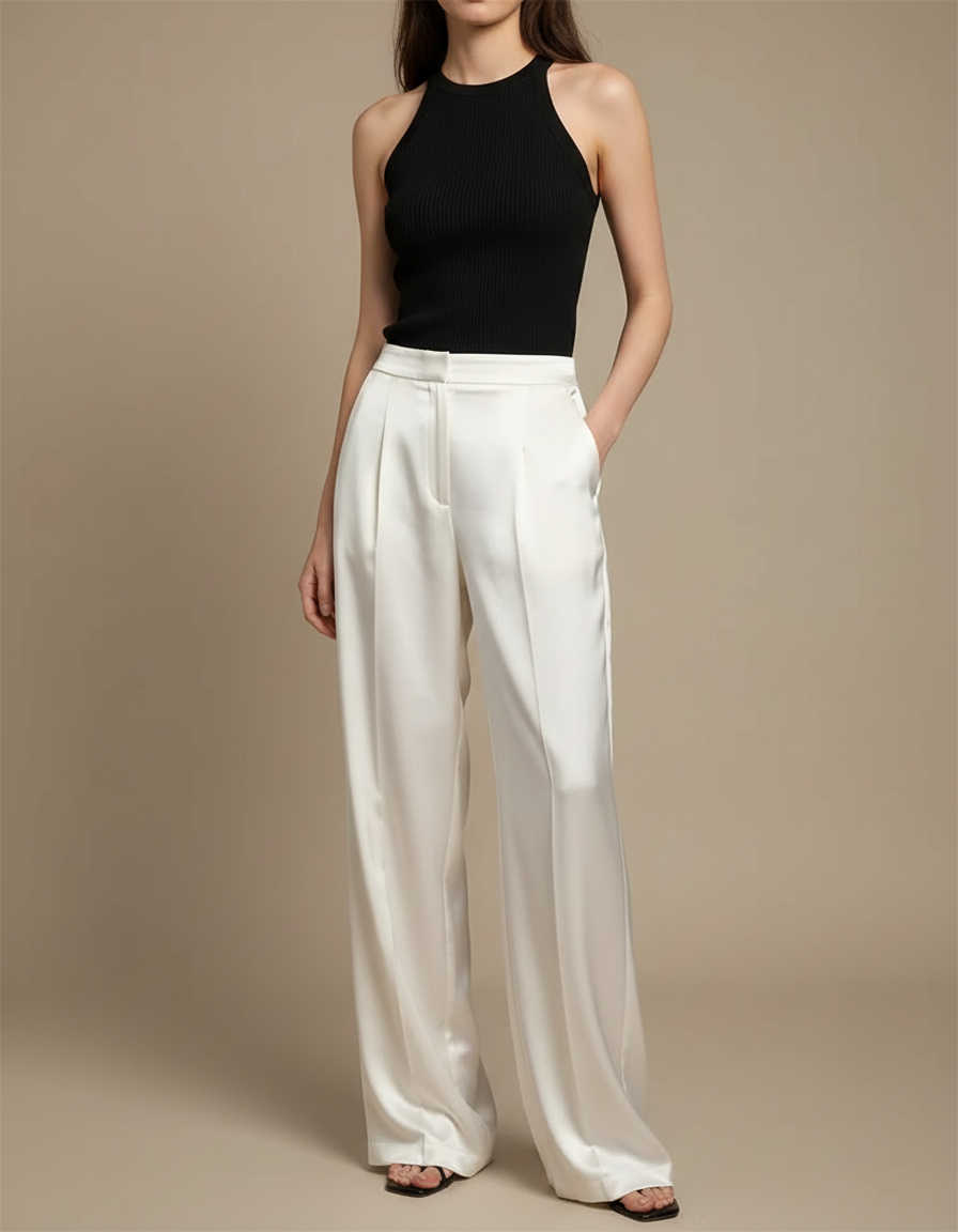 Pantalon Beige Satin Fluide Large Élégant Femme