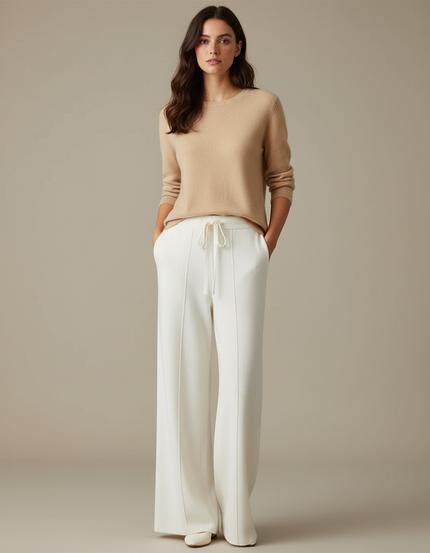 Pantalon Beige Laine Mérinos Large Maille Femme - Blanc