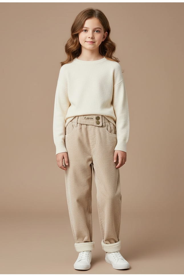 Pantalon Beige Côtelé Ample Doublé Chaud Enfant - Cordé