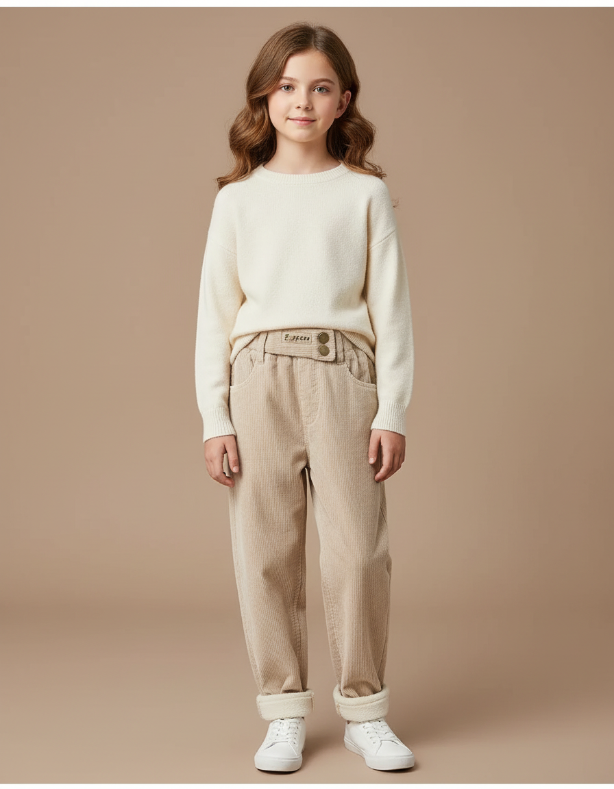 Pantalon Beige Côtelé Ample Doublé Chaud Enfant - Cordé