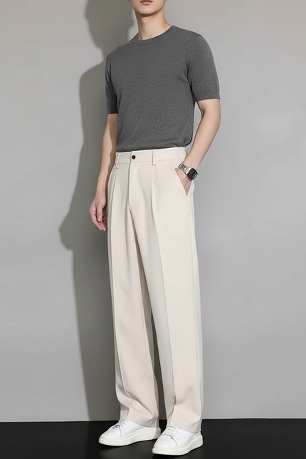 Pantalon Beige Ample Droit Décontracté Homme Fluide - Polyester