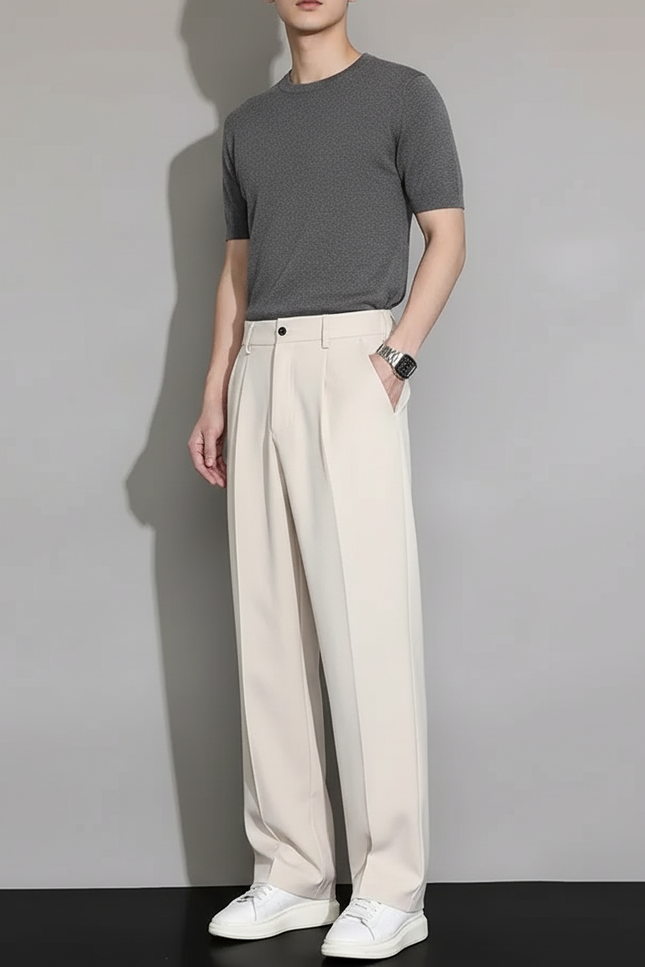 Pantalon Beige Ample Droit Décontracté Homme Fluide - Polyester