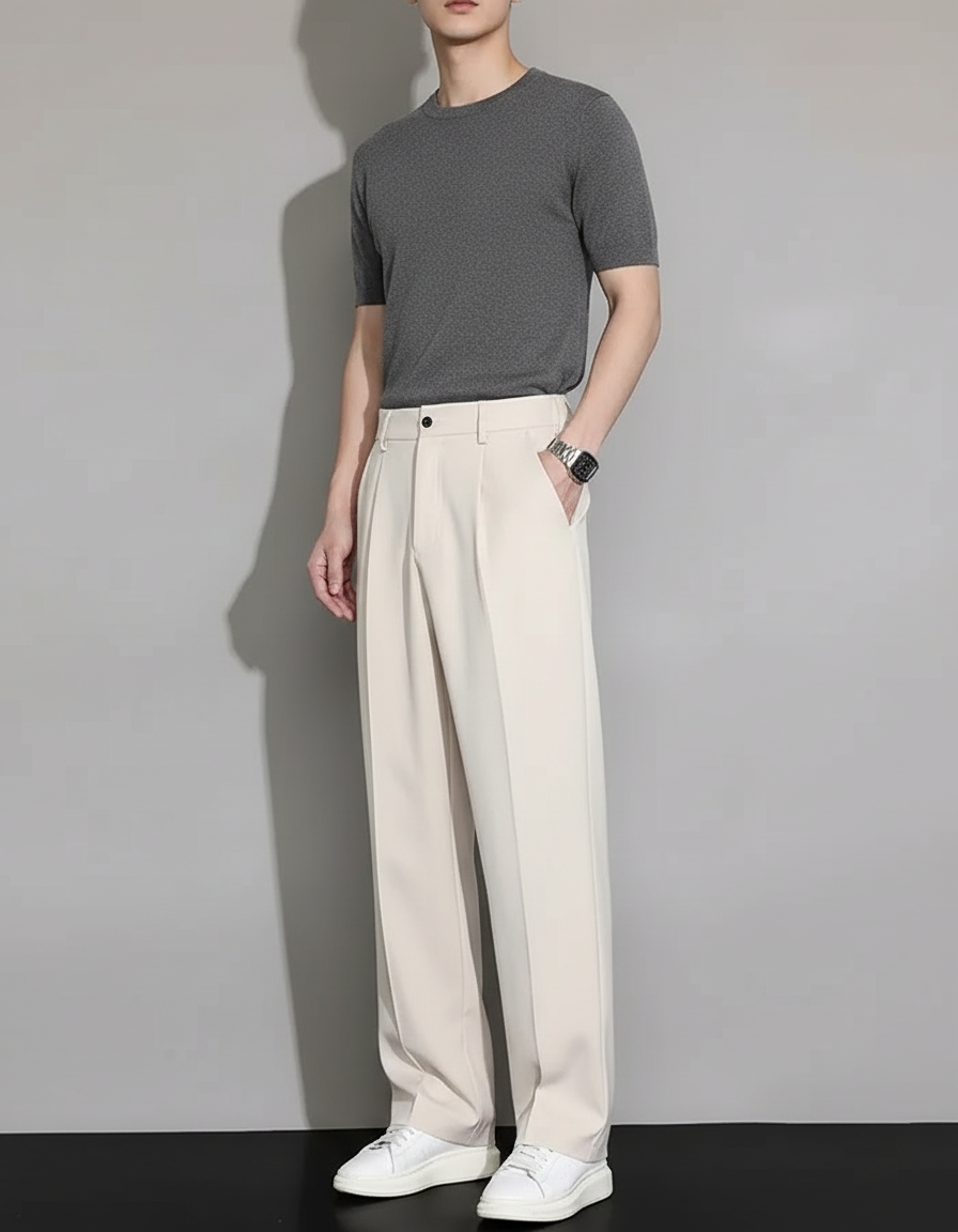 Pantalon Beige Ample Droit Décontracté Homme Fluide - Polyester