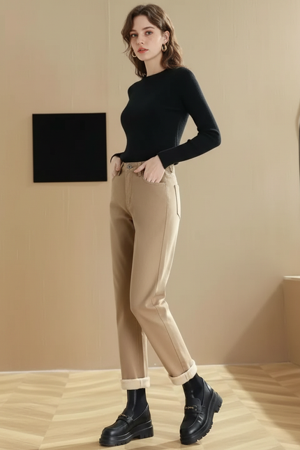 Pantalon Beige Droit Épais Taille Haute Femme - Gabardine