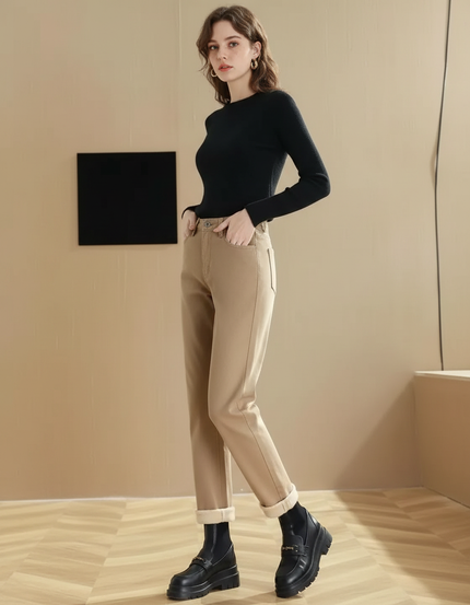 Pantalon Beige Droit Épais Taille Haute Femme - Gabardine