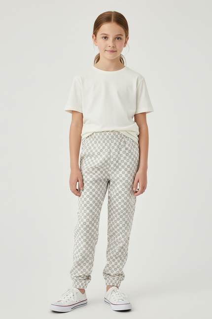 Pantalon Beige Motif Floral Confortable Enfant - Molleton