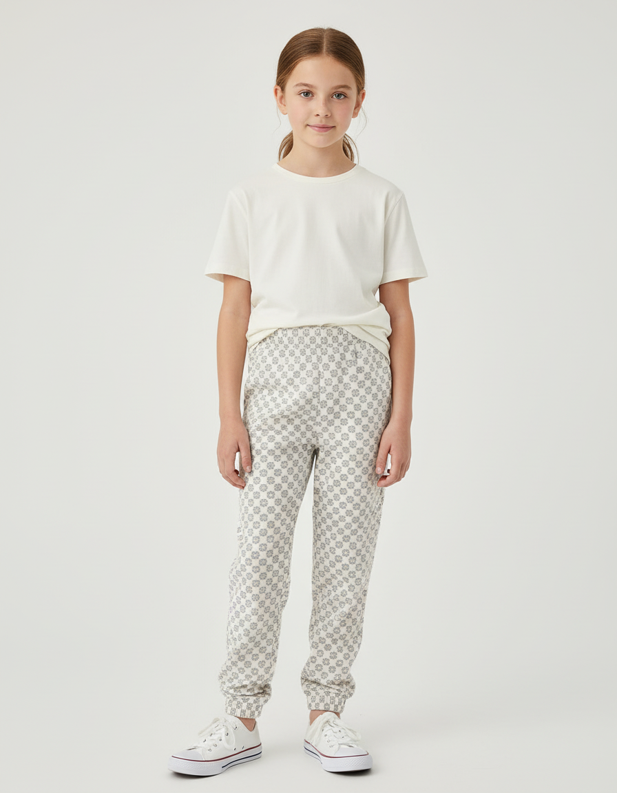 Pantalon Beige Motif Floral Confortable Enfant - Molleton