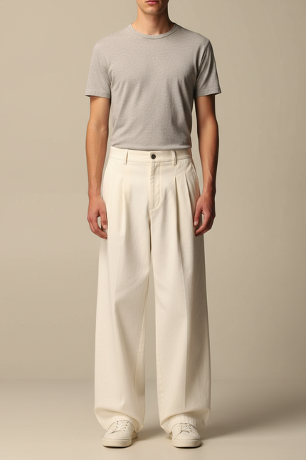Pantalon Beige Plissé Ample Large Formel Homme - Coton