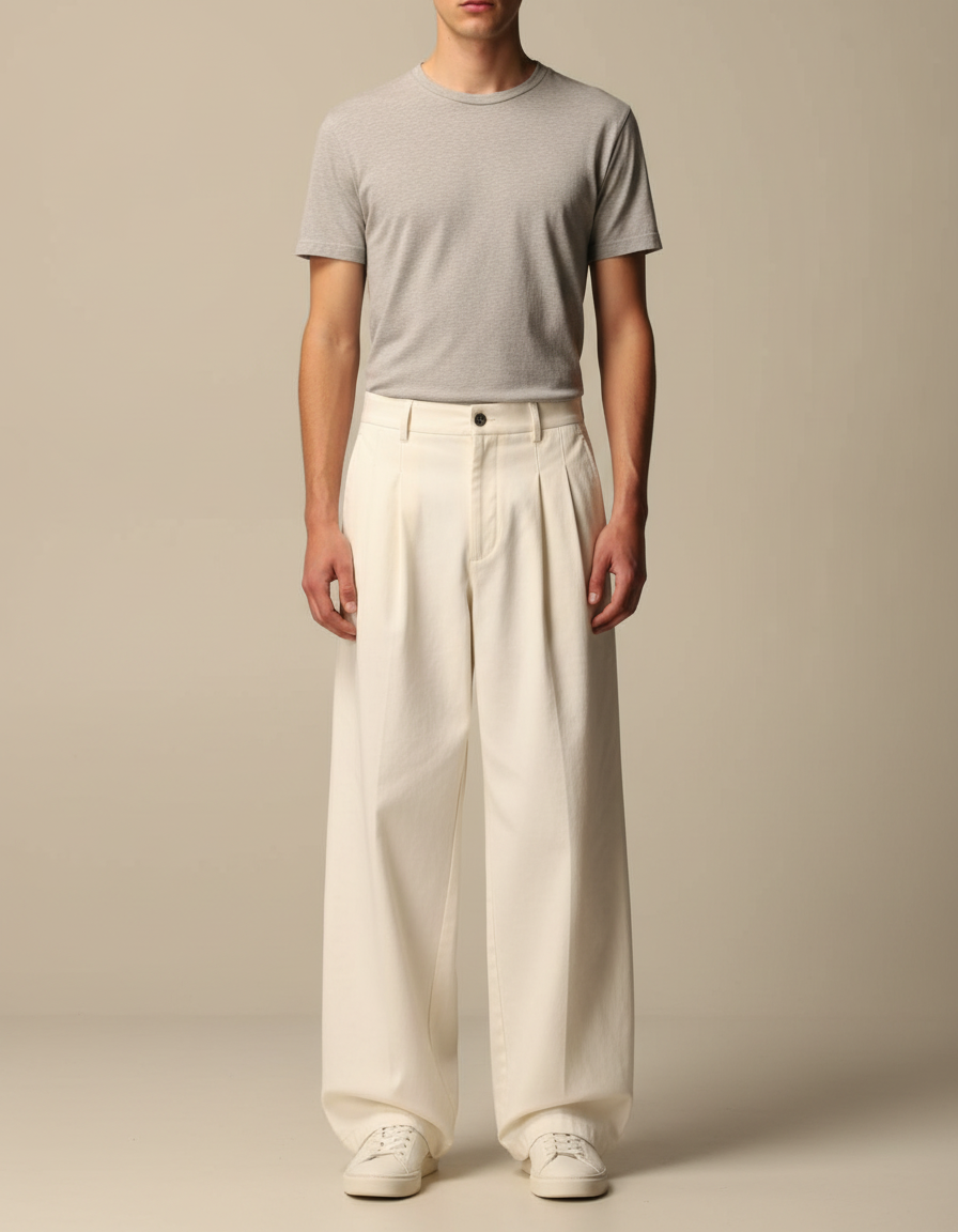 Pantalon Beige Plissé Ample Large Formel Homme - Coton