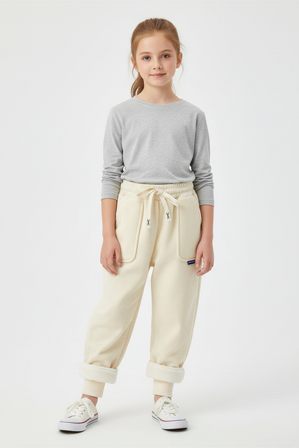 Pantalon Beige Côtelé Doublé Chaud Fille Ample - Cordé