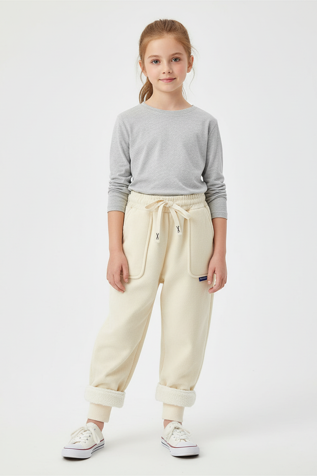 Pantalon Beige Côtelé Doublé Chaud Fille Ample - Cordé