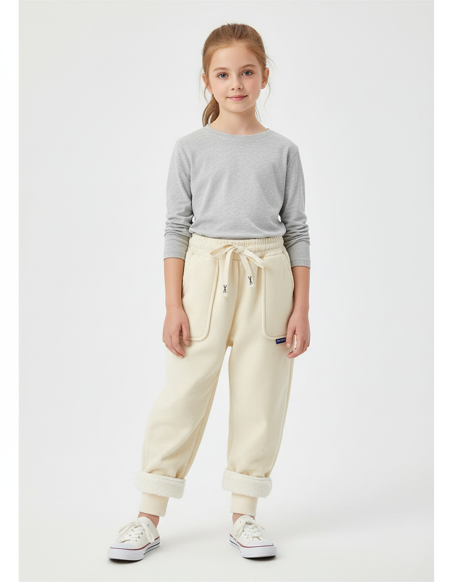 Pantalon Beige Côtelé Doublé Chaud Fille Ample - Cordé