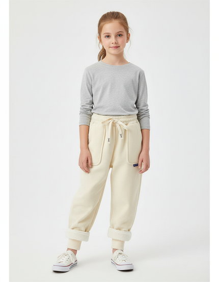 Pantalon Beige Côtelé Doublé Chaud Fille Ample - Cordé