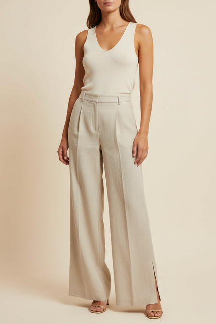 Pantalon Beige Plissé Fluide Taille Haute Fendu - Lin